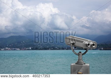 Metal Tower Viewer Installed Near Sea, Space For Text. Mounted Binoculars