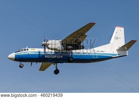 Lviv, Ukraine - September 12, 2021: Motor Sich Antonov An 24 Plane In Flight. The Plane Is Flying.