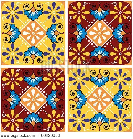Mexican Talavera Style Ceramic Tile Vector Seamless Pattern With Flowers And Swrils, Vibran, Textile