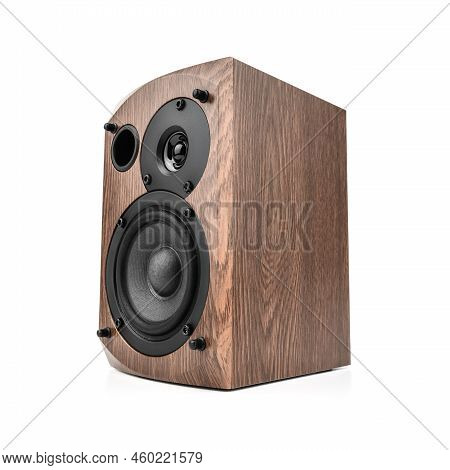 Music Speakers On White Background. Audio Technica. Bookshelf Speaker System For Home Entertainment.