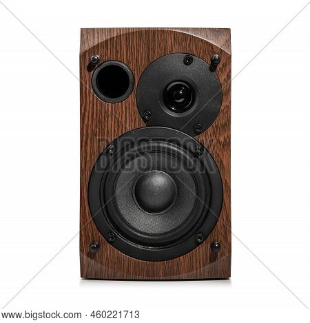 Music Speakers On White Background. Audio Technica. Bookshelf Speaker System For Home Entertainment.