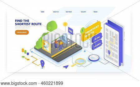Find The Shortest Route On Mobile, Landing Page Design, Website Banner Vector Template. Road Trip Pl