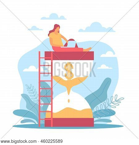 Money Management, Time And Expenditure Of Funds. Woman Sitting On Hourglass With Laptop, Dollar Sign