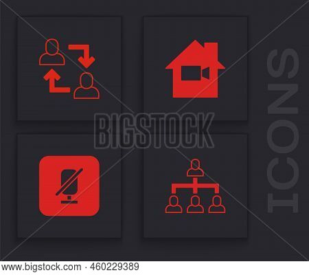 Set Hierarchy Organogram Chart, Project Team Base, Video Camera Off In Home And Mute Microphone Icon