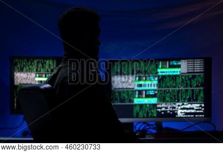 American Hacker In Military Unifrorm On Dark Web, Cyberwar Concept.