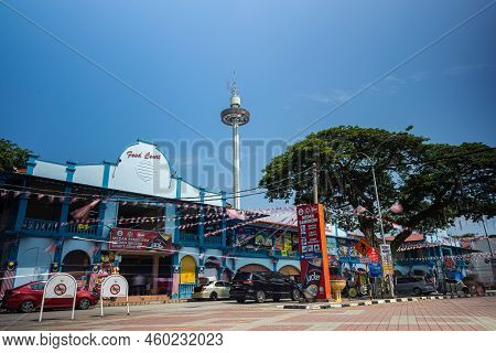 Malacca, Malaysia - August 10, 2022: View From Samudera Square To The Menara Taming Sari  Observatio