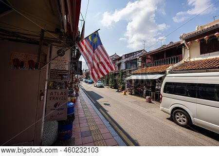 Malacca, Malaysia - August 10, 2022: The National Flag Of Malaysia At Jonker Street Melaka. Before I