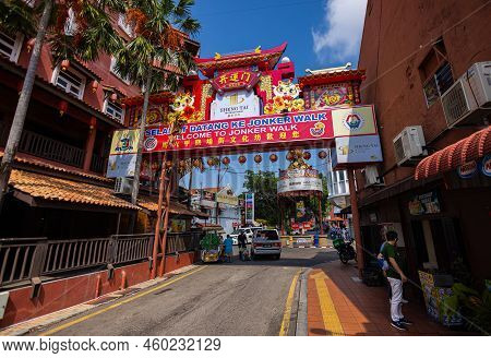 Malacca, Malaysia - August 10, 2022:  Jonker Street Or Jonker Walk In The Center Of Melaka, The Chin