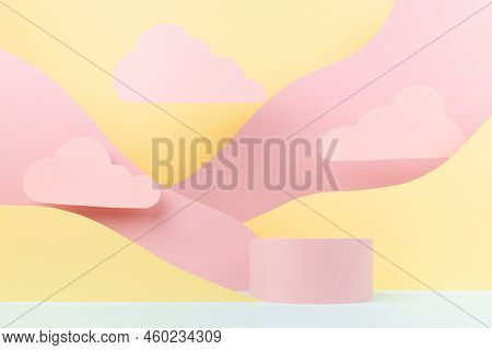 Abstract Scene With Circle Pink Podium, Mountain Landscape With Pastel Pink, Yellow, Mint Color Slop