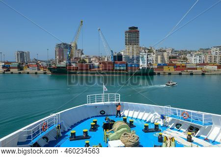 A Ferry Enters The Port Of Durres On Albania