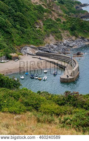 Polkerris Harbour In Saint Austell Shot From The Hill During Cloudy Rainy Day, Cornwall