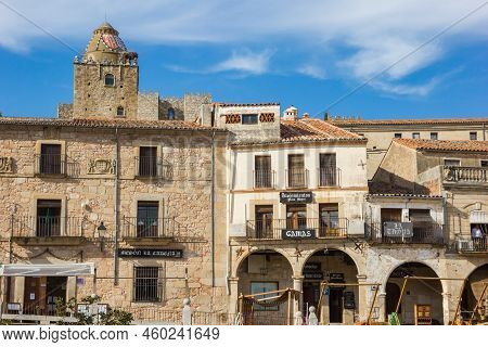 Trujillo, Spain - October 20, 2021: Facades Of Historic Houses On The Market Square Of Trujillo, Spa
