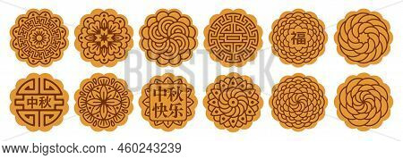 Set Of Moon Cakes With Various Patterns For Mid Autumn Festival. Traditional Asian Oriental And Flor