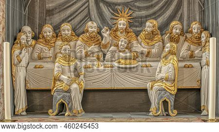 The Disciples Carved As Golden Figures Sit At The Table With Jesus At The Last Supper, Mariager, Den