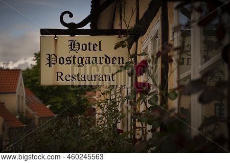 Romantic Sign Outside The Hotel Postgaarden In Mariager, Denmark, August 8, 2022