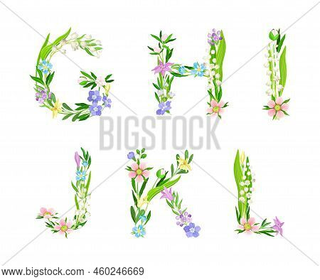 Meadow Flowers Alphabet. G, H, I, J, K, L English Capital Letters Made Of Flowers And Green Leaves C