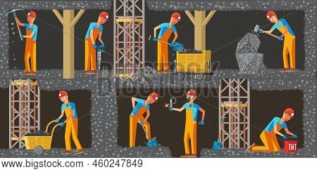 Coal Extraction Industry Horizontal Banners With Working Miners Different Equipment And Tools In Fla