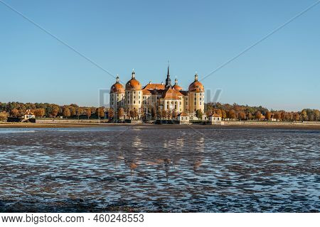 View Of Fairy Tale Moritzburg Castle In Saxony,germany.magnificent Baroque Palace In Middle Of Large
