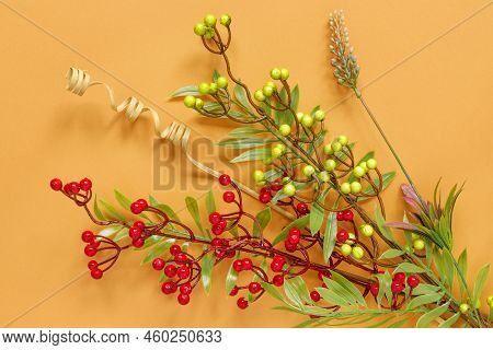 Autumn Oak And Rowan Branches With Red Berries On Orange Background.
Flat Lay, Top View, Copy Space 