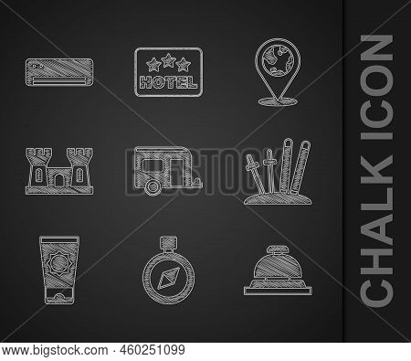 Set Rv Camping Trailer, Compass, Hotel Service Bell, Ski And Sticks, Sunscreen Cream Tube, Sand Cast