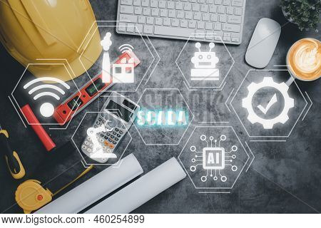 Scada Supervisory Control And Data Acquisition Technology Concept, Top View Engineer Office Desk Wit
