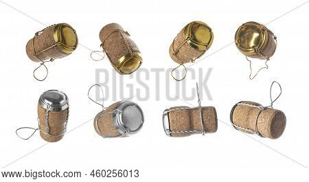 Set With Corks Of Sparkling Wine Bottles With Muselet Caps On White Background