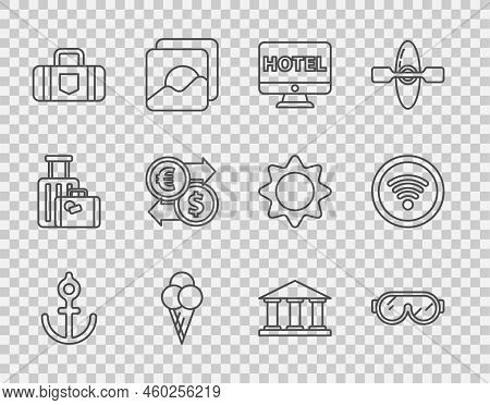 Set Line Anchor, Ski Goggles, Online Hotel Booking, Ice Cream Waffle Cone, Suitcase, Money Exchange,