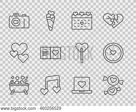 Set Line Romantic In Bathroom, Candy, Calendar With Heart, Music Note, Tone Hearts, Photo Camera, Va