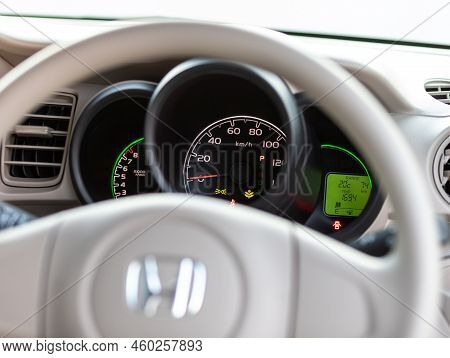 Novosibirsk, Russia -   August 03, 2022:   Honda N-box,   Close Up Of The Speedometer With Rpm And K