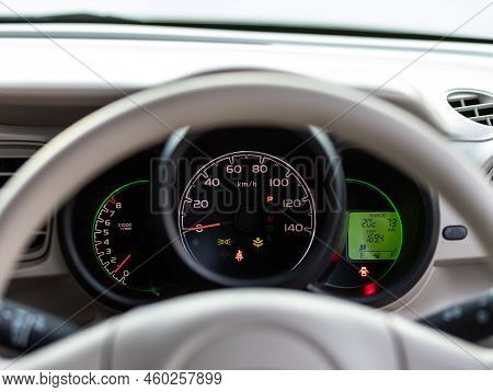 Novosibirsk, Russia -   August 03, 2022:   Honda N-box,   Close Up Of The Speedometer With Rpm And K
