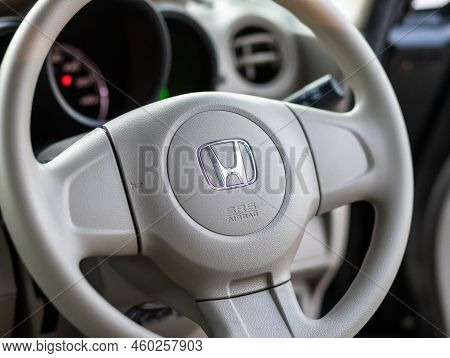 Novosibirsk, Russia -   August 03, 2022:   Honda N-box,  Car Interior View With Dashboard, Multifunc