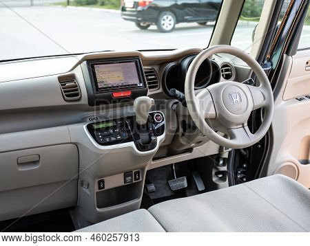 Novosibirsk, Russia -   August 03, 2022:   Honda N-box,  Steering Wheel, Shift Lever And Dashboard, 