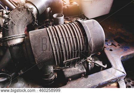 Air Filter Box Of The Forklift Engine In A Engine Compartment.