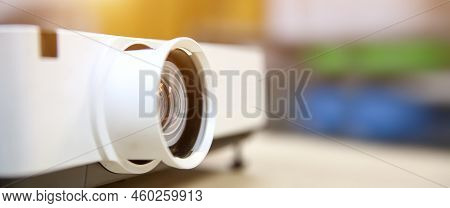 Close-up Computer Projector On Table Boardroom Or Meeting Room Technology Equipment Of Visual Or Vis