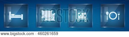 Set Hotel Room Bed, Pillow, Suitcase And Plate, Fork And Knife. Square Glass Panels. Vector