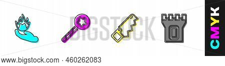 Set Hand Holding A Fire, Magic Wand, Saw And Castle Tower Icon. Vector