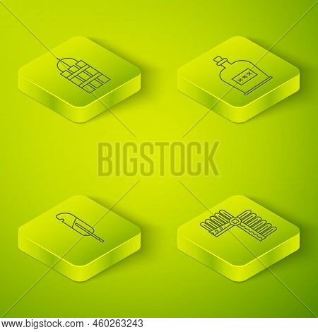 Set Isometric Alcohol Drink Rum Bottle, Feather Pen, Indian Headdress With Feathers And Detonate Dyn