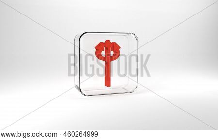 Red Trident Devil Icon Isolated On Grey Background. Happy Halloween Party. Glass Square Button. 3d I