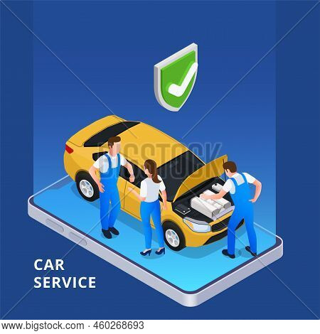 Car Service Isometric Background With Specialists Examining Engine Of Passenger Automobile Owned By 