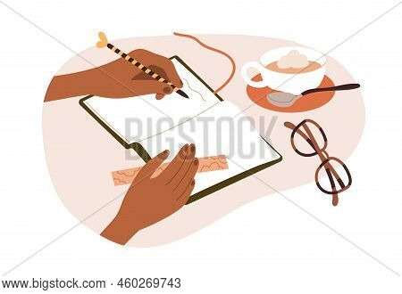 Hand Writing Note, Plan In Paper Notebook, Personal Diary With Coffee Cup, Eyeglasses On Desk. Takin