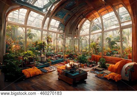 The Transparent Glass Room Surrounded By Flowers. A Warm House, A Garden And A Greenhouse. Concept A