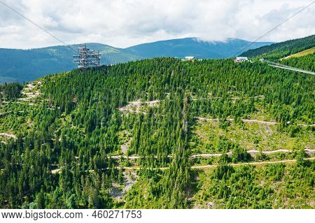 Sky Walk Observation Tower In The Forest Between Mountain Hills Near Sky Bridge 721 In A Sunny Summe