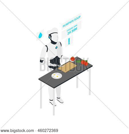 Isometric Intelligent Home Robot Cooking Soup In Kitchen 3d Vector Illustration