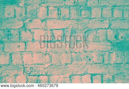 Green And Uneven Whitewashed Wall, Texture, Background. Ancient Building Wall, Painted With Whiting.