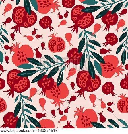 Beautiful  Seamless Pattern  With Pomegranate   Fruit For Trendy Summer Design. Modern  Texture For 