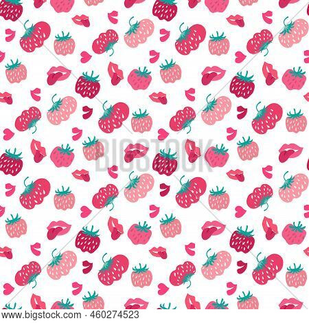 Woman's Mouth With Strawberry Modern  Seamless Pattern With  Pink And Red Lips, Strawberry For Summe