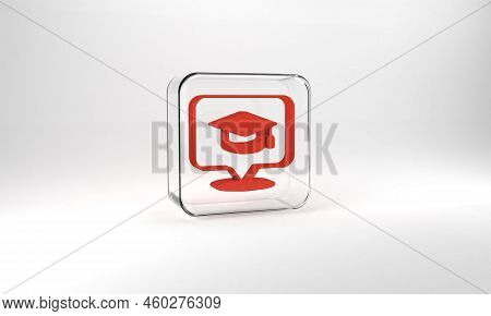 Red Graduation Cap In Speech Bubble Icon Isolated On Grey Background. Graduation Hat With Tassel Ico