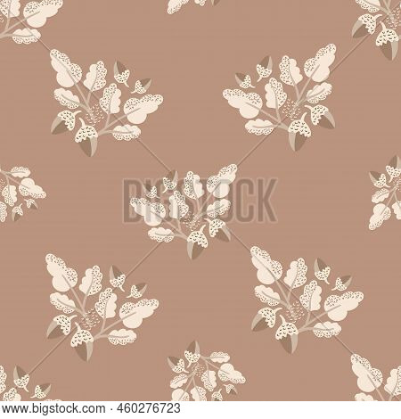 Modern Oak Leaf Acorn Vector Seamless Background Pattern. Hand-drawn Groups Of Leaves And Acorns Bac