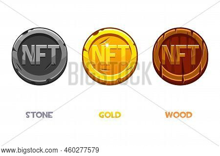 Vector Nft Coins Of Different Materials, Golden, Stone And Wooden. Cryptocurrency, Nft-token Interne