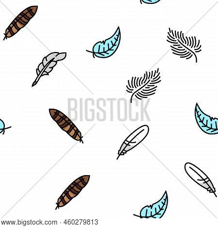 Feather Bird Soft Quil Fluffy Vector Seamless Pattern Thin Line Illustration